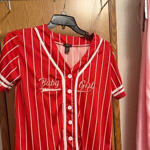 Rue21 Red and White 'Baby Girl' Striped Button-Up Jersey Top